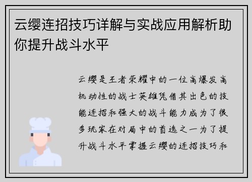 云缨连招技巧详解与实战应用解析助你提升战斗水平